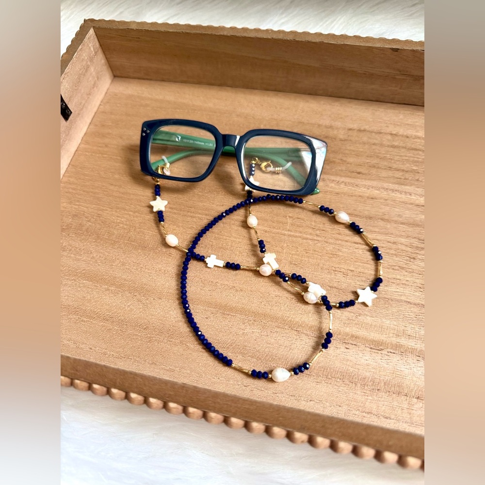 Blue Beaded Pearl Star Cross Eyeglass Chain‎ Necklace